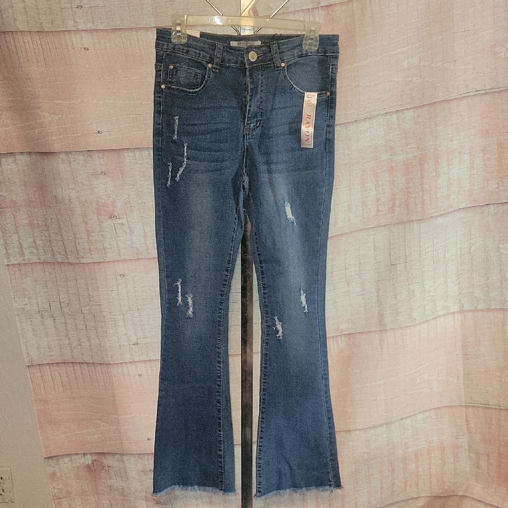 Catch Stitch Distressed Flare Jeans